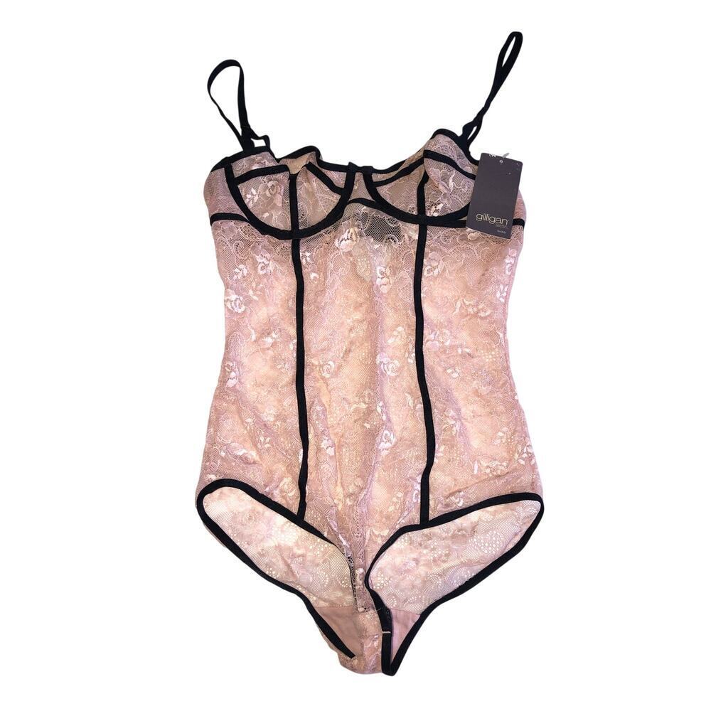 Coquette Pink Lace Bodysuit Contrast Black Piping Teddy Corset Top Y2K Dollette